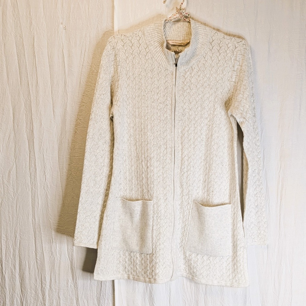 Soft Surroundings Knit Pointelle Zipper Cardigan Sweater Heathered Light Gray S